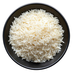 A top view boiled rice on black plate isolated on transparent background
