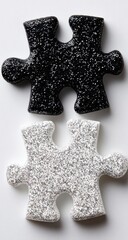 Obraz premium Two contrasting puzzle pieces, black and white, on a plain background