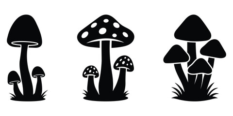 Vector set of mushroom silhouette isolated on white background, forest mushroom silhouette vector art. Black silhouette vector of three mushroom types with grass elements. Flat black mushroom icon
