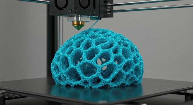 Intricate Turquoise Voronoi Dome Materializing Under a 3D Printer Nozzle