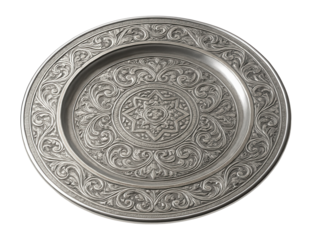 Silver metal plate with intricate pattern.