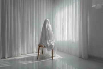 Halloween minimal style concept. Mysterious figure draped in white sits on a chair in a sunlit room.