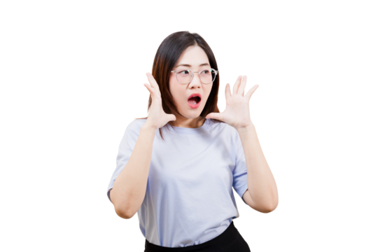 A surprised Asian young beautiful woman raises her hands to her face, expressing shock or excitement. - Powered by Adobe