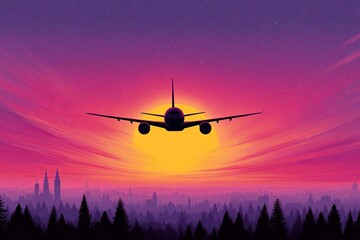 A silhouette of an airplane flying against a vibrant sunset sky, casting a stunning view.