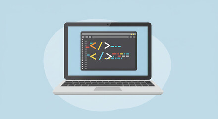 Fototapeta premium Web development and software programming concept. Modern laptop with a code editor showing syntax on a dark theme interface.
