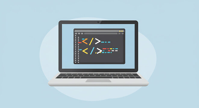 Web development and software programming concept. Modern laptop with a code editor showing syntax on a dark theme interface.