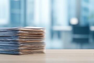 Stack of documents on a desk in a modern office environment.