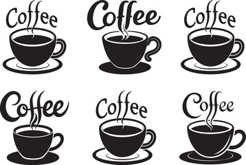 Obraz premium Six Illustrations of Coffee Cups with Steam and Lettering