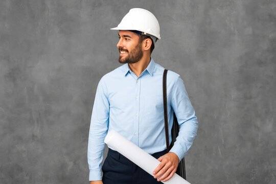 Smiling Architect with Hard Hat and Blueprints Against a Gray Textured Background Portrait