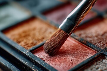 Close-up of makeup brush dipping into a reddish-toned eyeshadow palette