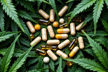 Hemp Supplements and Capsules Arranged on Cannabis Leaves