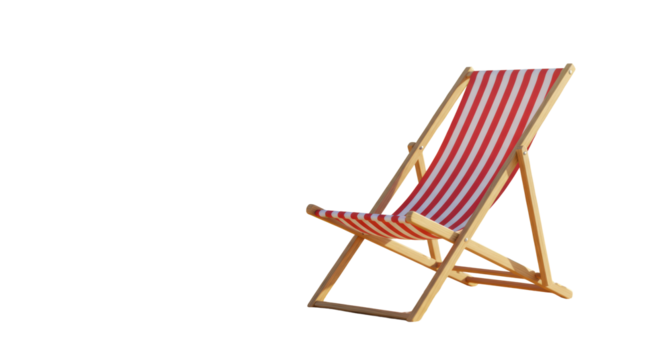 A classic wooden deck chair with vibrant red and white stripes angled in a sun-drenched, soft-focus natural environment, open space for copy, concept of ultimate escape