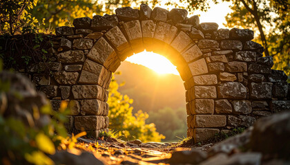 Obraz premium Ancient stone archway glowing in sunset light. Mystical stone ruins. Weathered stone arch.