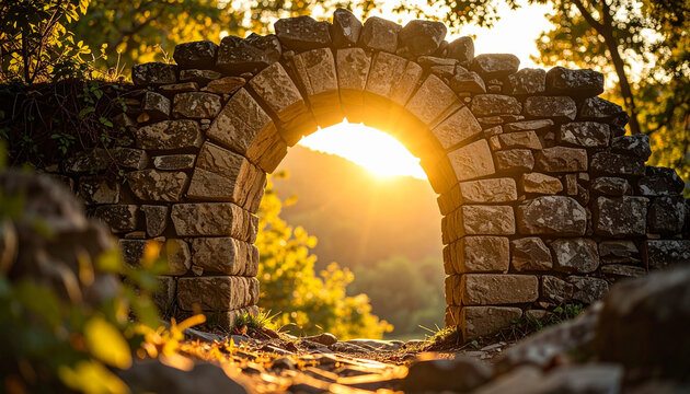 Ancient stone archway glowing in sunset light. Mystical stone ruins. Weathered stone arch.