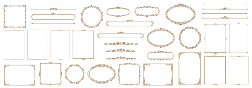 Ornament decor frame and border, antique vintage royal floral pattern. Vector set of elegant, ornamental, gold decorative retro decoration for classic invitations, certificates, menus, or photo frames