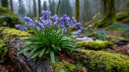 Obraz premium Purple wildflowers on mossy forest log