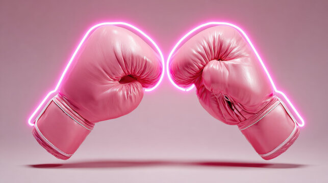 Pink boxing glove close up facing each other neon outline sport equipment energetic modern isolated studio background