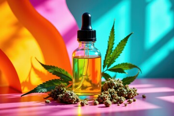 CBD Oil Bottle with Cannabis Buds and Leaf on Colorful Background