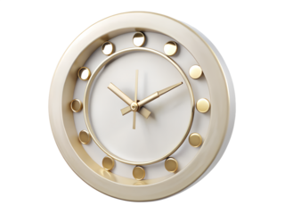 Elegant gold and white wall clock isolated on transparent background shows the time