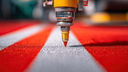 Close-up of a yellow industrial cutting tool precisely positioned over a red fabric with white lines