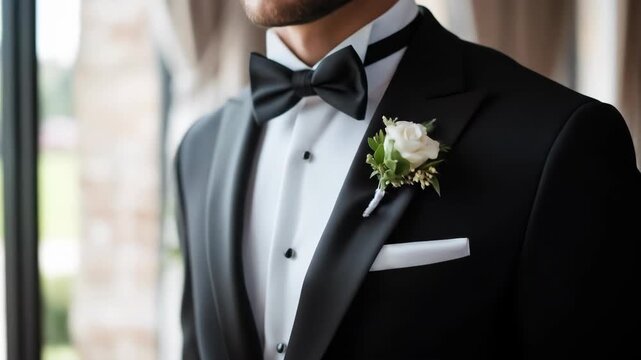 Elegant groom adjusting bow tie in wedding suit with floral boutonniere