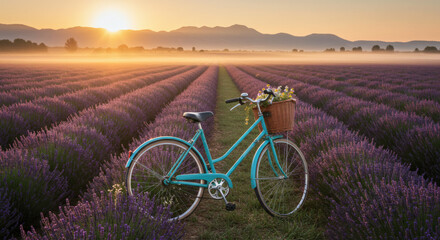 Naklejka premium Bicycle With Basket in Lavender Field at Sunrise in Misty Landscape