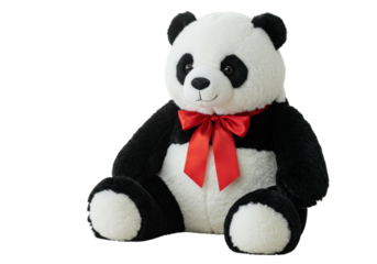A large, photorealistic black and white panda plush toy with soft, fluffy fur and red ribbon, on a light blanket in a soft domestic setting, concept of childhood comfort.