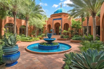 Sun-drenched terracotta courtyard with a blue tiled fountain, arched entryway, and dome-topped structure, lush with palm trees and desert plants