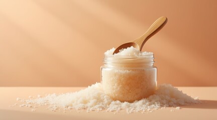 A jar of salt scrub with a wooden spoon on a beige background
