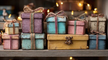 Stacked, colorful wooden gift boxes, tied with twine ribbons, displayed on a shelf, with fairy lights in the background