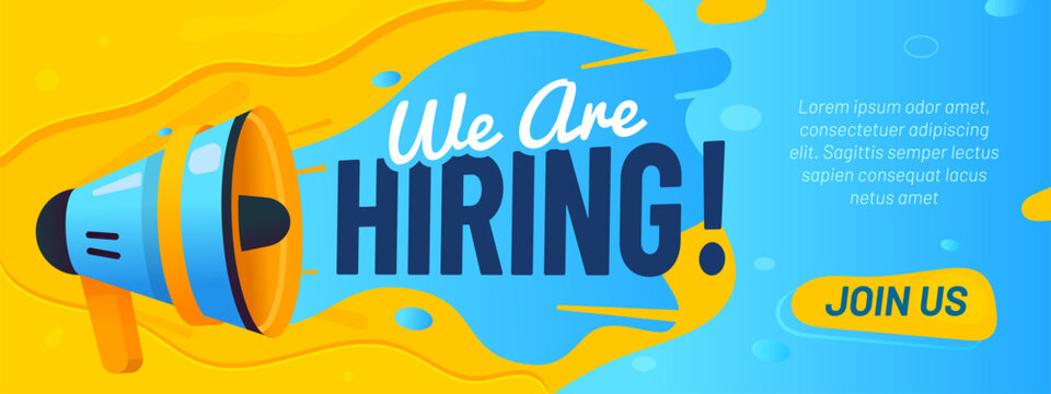 We are hiring banner. Hire offer, join to our team announcement with megaphone. Vector job advertisement, recruitment promotion or social media hiring campaign to attract potential candidates