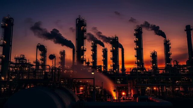 Complex network of reactors and heat exchangers silhouetted against fiery horizon in oil refining facility.