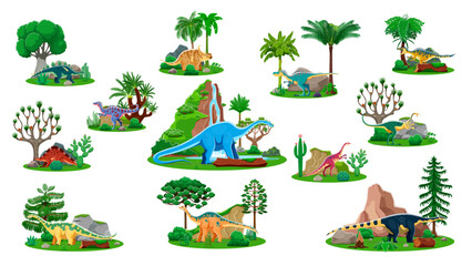 Cartoon dinosaur reptile characters with prehistoric jungle trees and mountain waterfall. Vector personages of jurassic cute melanorosaurus, neovenator, wuerhosaurus and anchisaurus dinosaurs