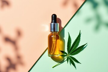 CBD Oil Dropper Bottle with Cannabis Leaf on Colorful Background