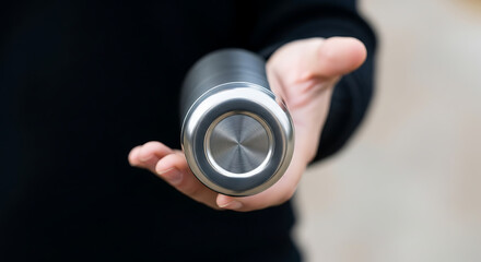 Close-up of a person extending a sleek, silver reusable water bottle, symbolizing a commitment to sustainable hydration and eco-conscious living for daily well-being.