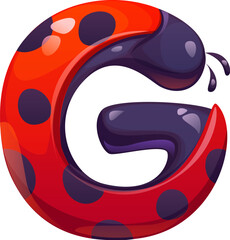 Ladybug cartoon font letter G. Red ladybug beetle kids ABC typeset symbol, cute lady bug cartoon vector type letter. Garden ladybird typeface element or English alphabet font sign