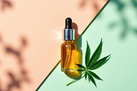 CBD Oil Dropper Bottle with Cannabis Leaf on Colorful Background