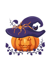 Halloween pumpkin wearing witch hat with orange spider and purple leaves illustration