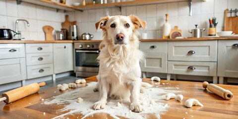 Golden Retriever in Messy Kitchen, Flour and Dough, Playful, Adorable Dog