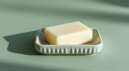 Bar of soap on a dish in sunlight and shadow on green background