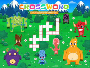 Fototapeta premium Crossword quiz grid with funny monster characters. Vector educational puzzle worksheet for kids, what color is the monster quiz with eerie creatures on nature landscape. Cross word riddle activity