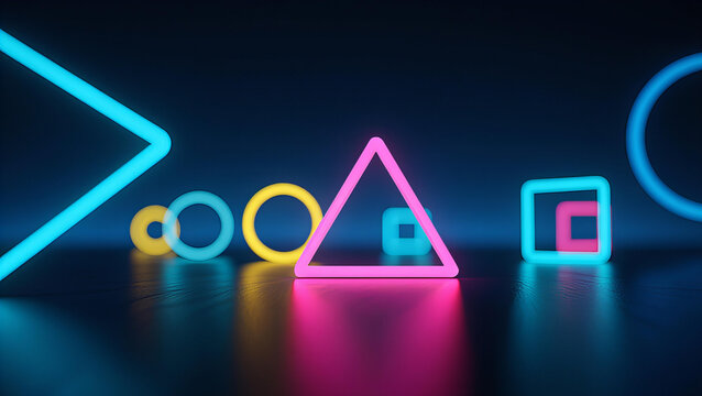 Geometric shapes neon lights glowing abstract background