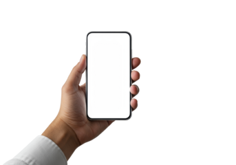 Ethnically ambiguous hand in neutral sleeve holds sleek smartphone with blank luminous screen in high-key studio, copy space, concept of innovation and possibilities