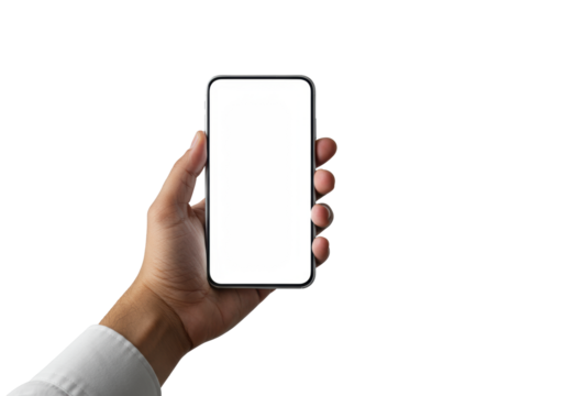 Ethnically ambiguous hand in neutral sleeve holds sleek smartphone with blank luminous screen in high-key studio, copy space, concept of innovation and possibilities