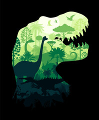 T rex tyrannosaur silhouette. Vector prehistoric landscape forming the shape of roaring trex dino head, featuring paleontology creatures, jungle trees and flying pterosaurs in layered green tones © Vector Tradition