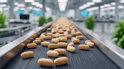 Health supplements bottles aligned on conveyor belt in industrial facility for efficient medicine production