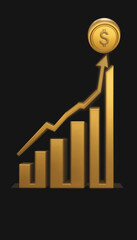 A golden bar chart with an upward-trending arrow, topped with a dollar coin, against a dark backdrop. It symbolizes financial growth, investment success, and the peak of economic prosperity ...