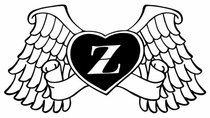 Letter z on heart with wings and banner design in black and white illustration for creative use case
