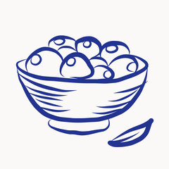Ink Bowl with Fruit Berry Art. Summer Rest and Vacation Resort Travel Theme Decorative Contour Line Symbol. Fresh Morning Breakfast or Dinner Lunch Symbol Illustration.