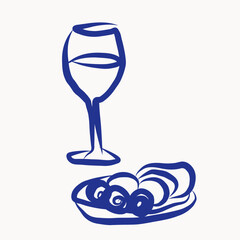 Mediterranean Sea Resort Life Vibes.  Wine Glass and Food Dish. Summer Rest and Vacation Tropical Resort Travel Decorative Contour Line Symbol.